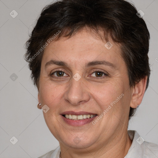 Joyful white adult female with short  brown hair and brown eyes