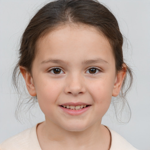 Joyful white child female with medium  brown hair and brown eyes