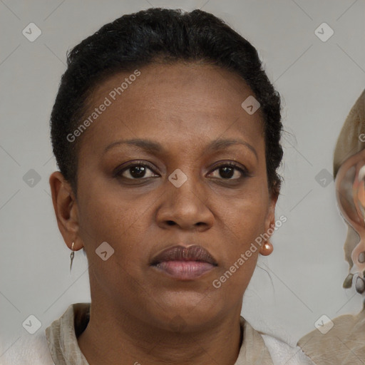 Neutral black young-adult female with short  brown hair and brown eyes