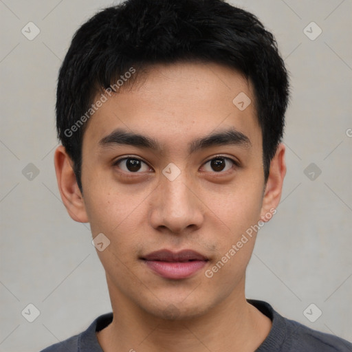 Neutral asian young-adult male with short  black hair and brown eyes