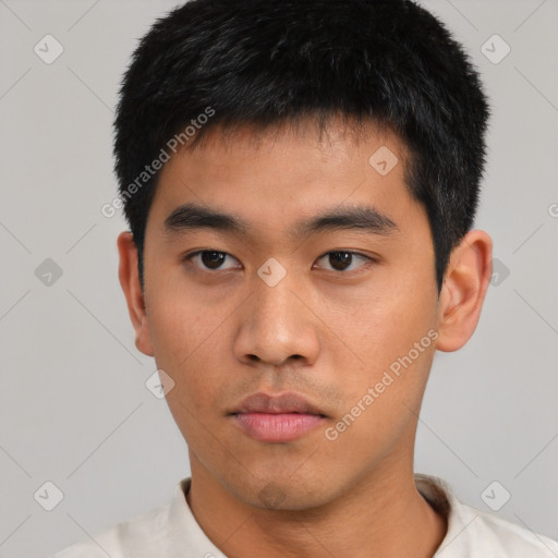 Neutral asian young-adult male with short  black hair and brown eyes