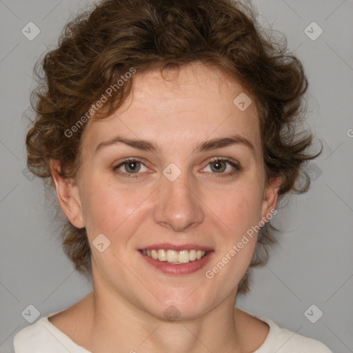 Joyful white young-adult female with medium  brown hair and green eyes