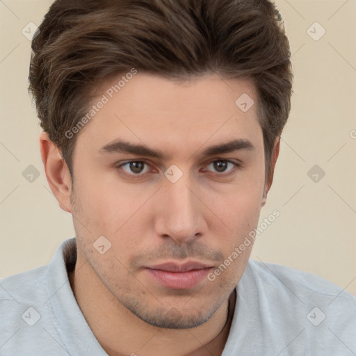 Neutral white young-adult male with short  brown hair and brown eyes