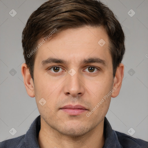 Neutral white young-adult male with short  brown hair and brown eyes