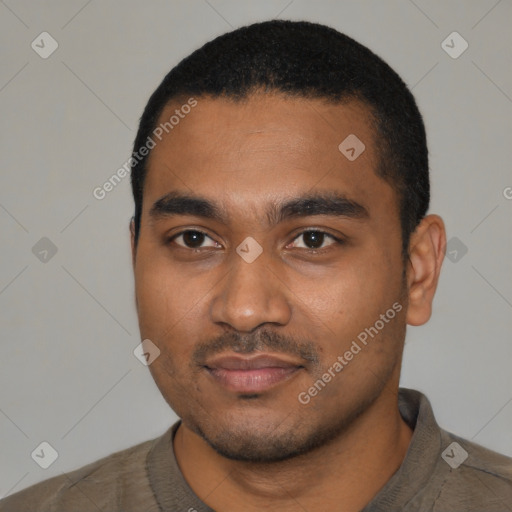Neutral black young-adult male with short  black hair and brown eyes