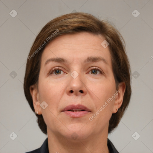 Neutral white adult female with medium  brown hair and brown eyes