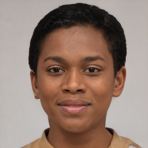 Joyful latino young-adult female with short  black hair and brown eyes