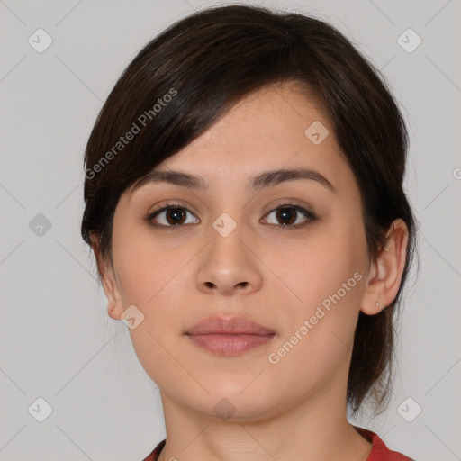 Neutral white young-adult female with medium  brown hair and brown eyes