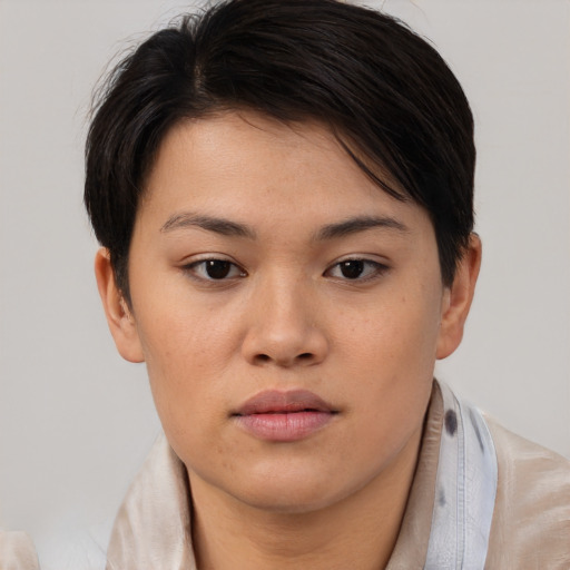 Joyful asian young-adult female with short  brown hair and brown eyes