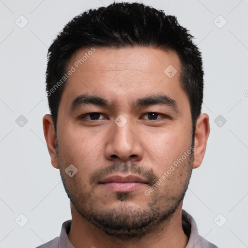 Neutral asian young-adult male with short  black hair and brown eyes