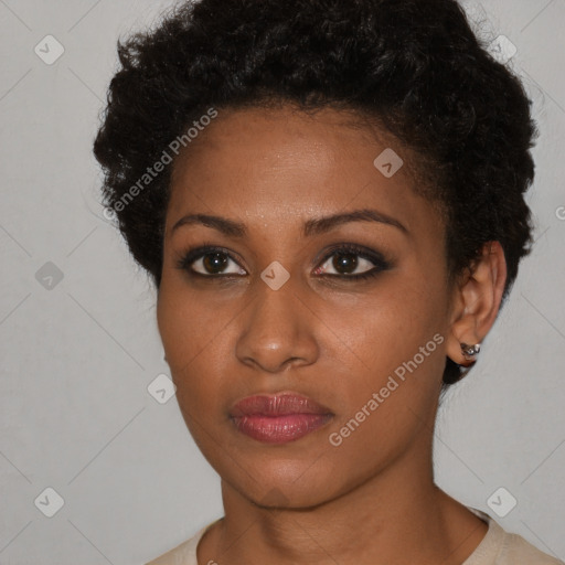 Neutral black young-adult female with short  brown hair and brown eyes