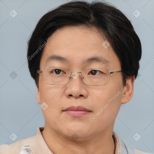 Joyful asian adult male with short  brown hair and brown eyes