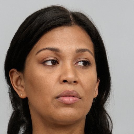 Joyful asian adult female with long  brown hair and brown eyes