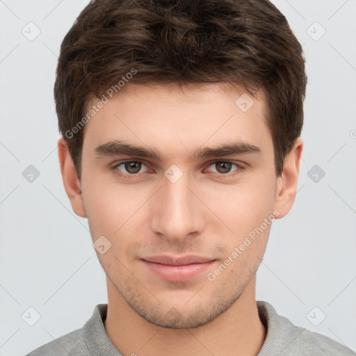 Neutral white young-adult male with short  brown hair and brown eyes