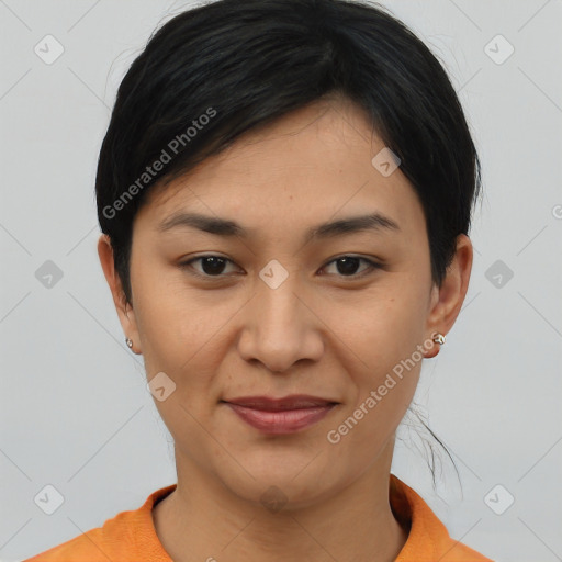 Joyful asian young-adult female with short  brown hair and brown eyes