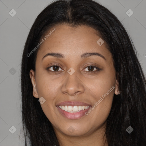 Joyful latino young-adult female with long  brown hair and brown eyes