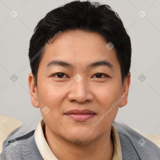 Joyful asian young-adult male with short  black hair and brown eyes