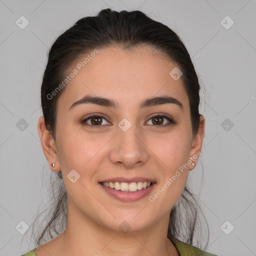 Joyful white young-adult female with medium  brown hair and brown eyes