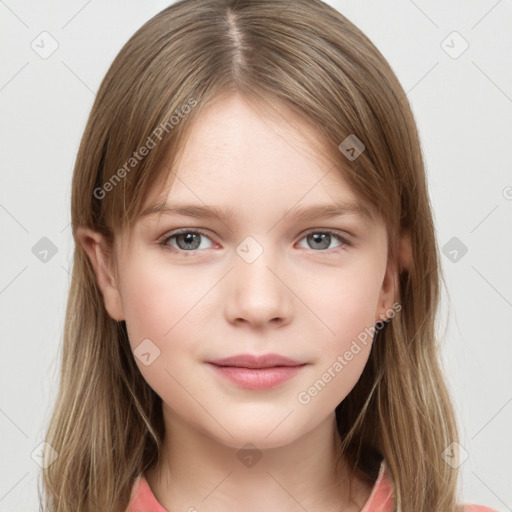 Neutral white child female with medium  brown hair and grey eyes