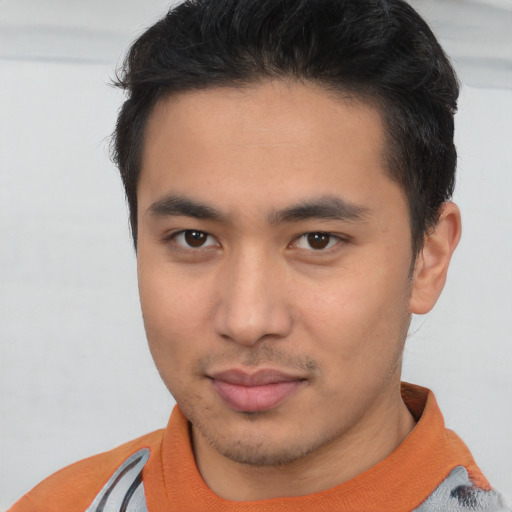 Neutral asian young-adult male with short  brown hair and brown eyes