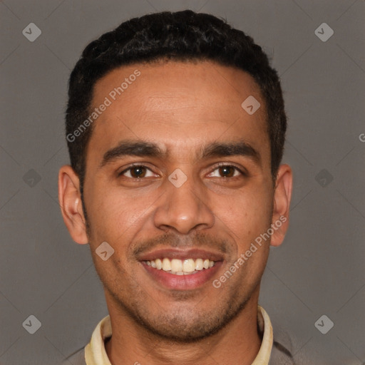 Joyful white young-adult male with short  black hair and brown eyes