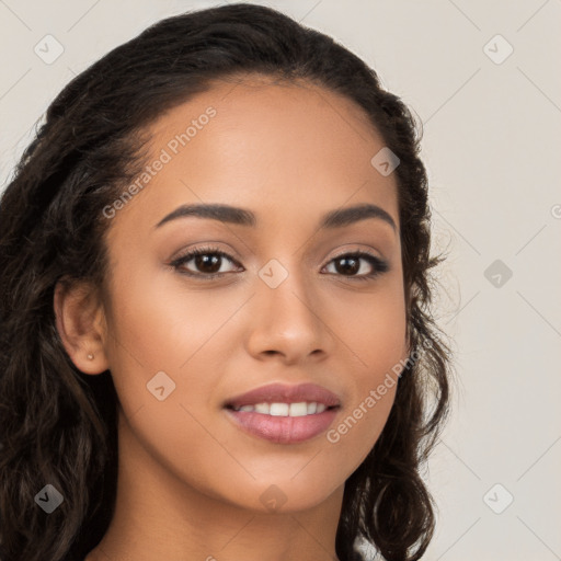 Joyful latino young-adult female with long  brown hair and brown eyes