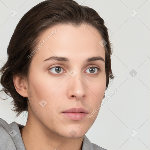 Neutral white young-adult female with medium  brown hair and brown eyes