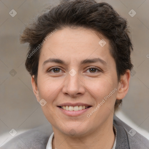 Joyful white adult female with short  brown hair and brown eyes