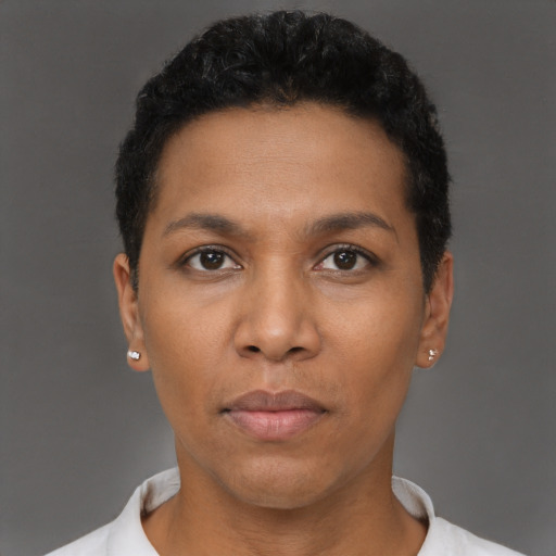 Neutral black young-adult female with short  black hair and brown eyes