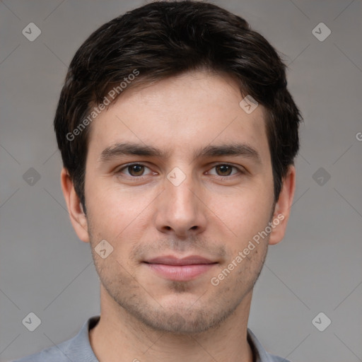 Neutral white young-adult male with short  brown hair and brown eyes