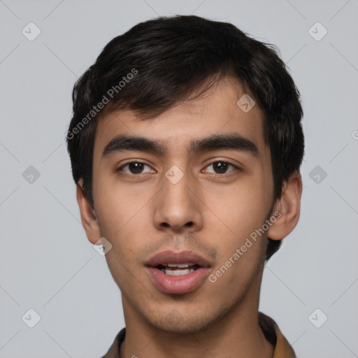 Neutral asian young-adult male with short  black hair and brown eyes