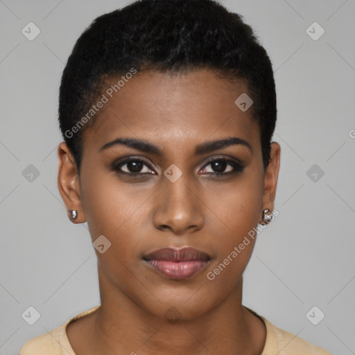 Neutral black young-adult female with short  brown hair and brown eyes