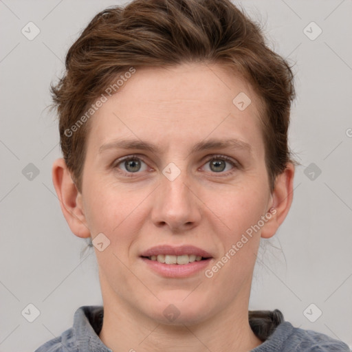 Joyful white young-adult female with short  brown hair and grey eyes