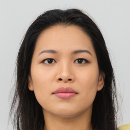 Neutral asian young-adult female with long  brown hair and brown eyes