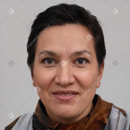 Joyful white adult female with short  brown hair and brown eyes