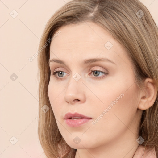 Neutral white young-adult female with long  brown hair and grey eyes