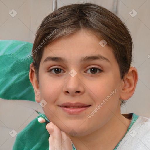 Joyful white child female with short  brown hair and brown eyes