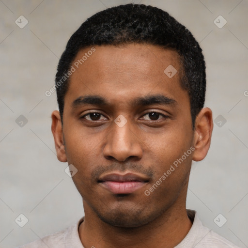 Neutral latino young-adult male with short  black hair and brown eyes