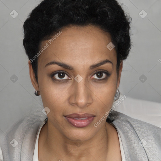 Neutral black young-adult female with short  black hair and brown eyes