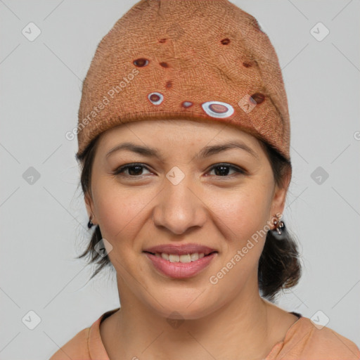 Joyful latino young-adult female with medium  brown hair and brown eyes