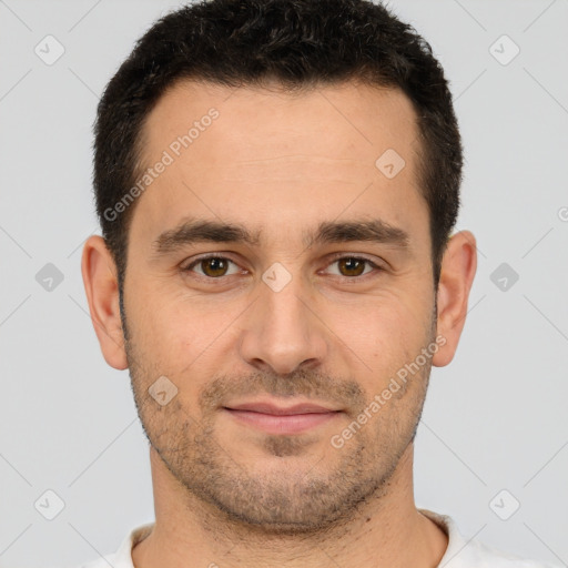 Joyful white young-adult male with short  brown hair and brown eyes