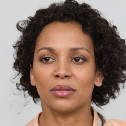 Joyful black adult female with medium  brown hair and brown eyes