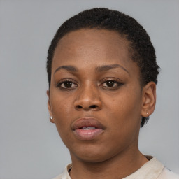 Neutral black young-adult female with short  black hair and brown eyes