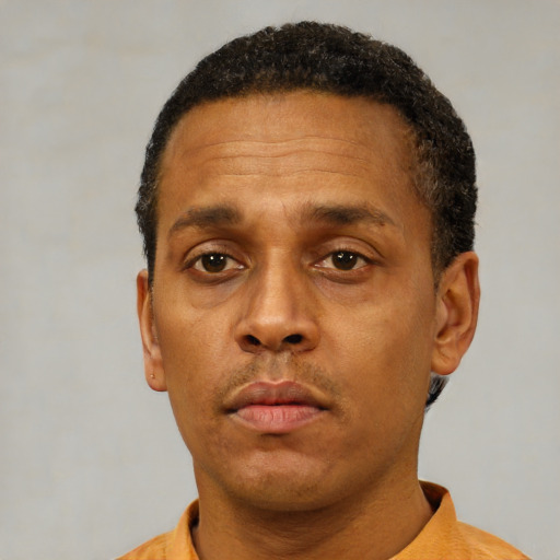 Neutral black adult male with short  black hair and brown eyes