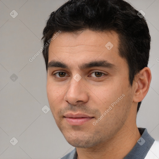 Neutral white young-adult male with short  black hair and brown eyes