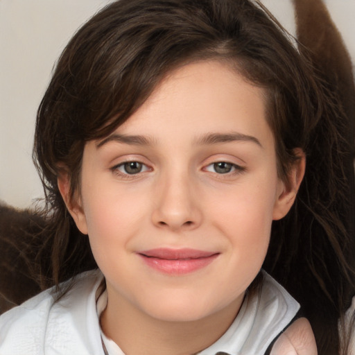 Joyful white child female with medium  brown hair and brown eyes