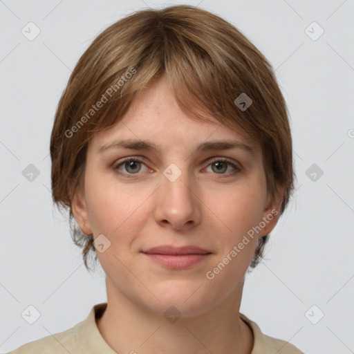 Joyful white young-adult female with medium  brown hair and grey eyes