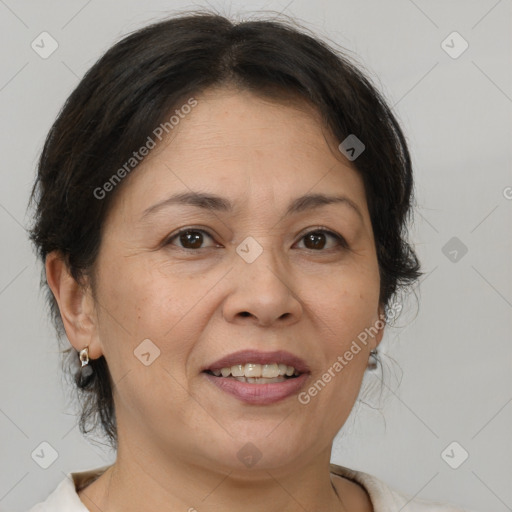 Joyful white adult female with medium  brown hair and brown eyes