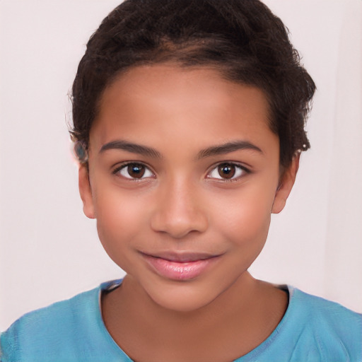 Joyful white child female with short  brown hair and brown eyes