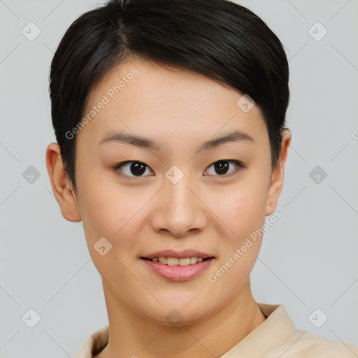 Joyful asian young-adult female with short  brown hair and brown eyes